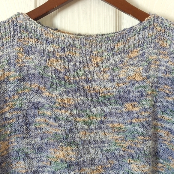 90's Vintage Handmade Marled Knit Boat Neck Short Sleeve Sweater Purple Medium - Picture 2 of 9
